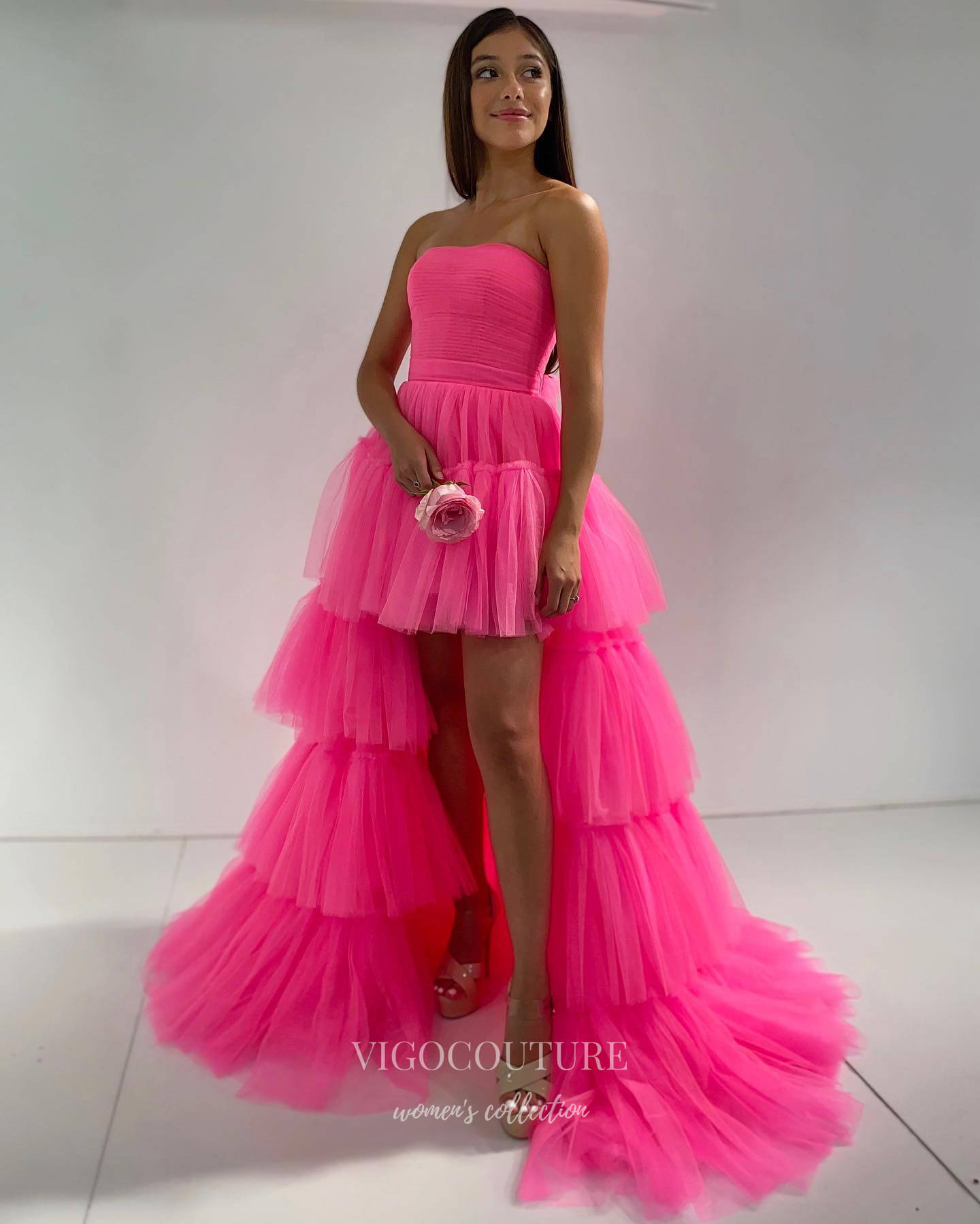 Prom Dress 2025 Fuchsia Ruffled Tulle Prom Dresses Strapless High-Low Formal Gown 21887-unique elegant Prom Dresses-Fuchsia-US2-vigocouture