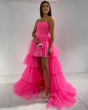 Prom Dress 2025 Fuchsia Ruffled Tulle Prom Dresses Strapless High-Low Formal Gown 21887-unique elegant Prom Dresses-Fuchsia-US2-vigocouture