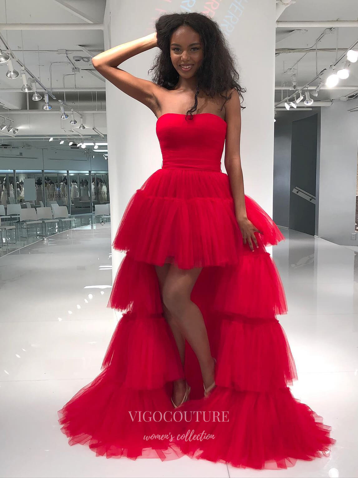 Fuchsia Ruffled Tulle Prom Dresses Strapless High-Low Formal Gown 2188 vigocouture Fuchsia Ruffled Tulle Prom Dresses Strapless High-Low Formal Gown 2188 vigocouture