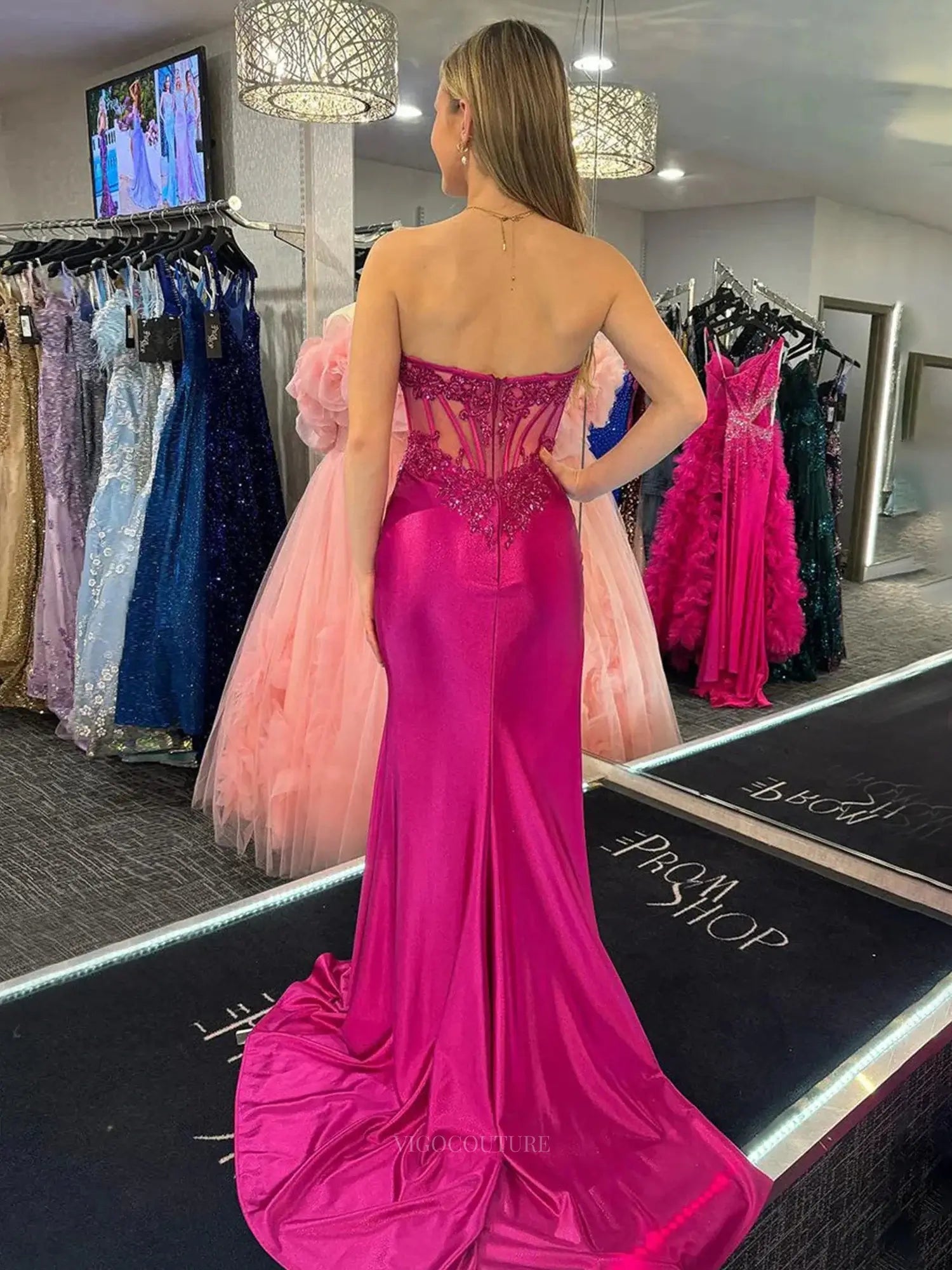 sheer prom dress Fuchsia Satin Mermaid Prom Dresses 2025 Strapless Lace Sheer Formal Dr – vigocouture