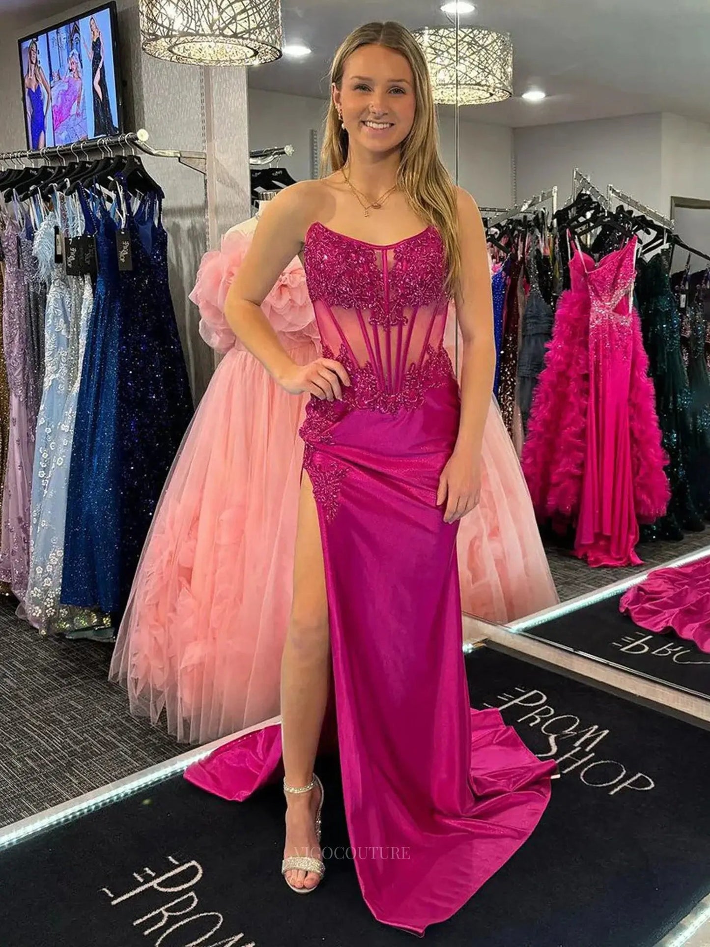 Prom Dresses 2025 to impress Fuchsia Satin Mermaid Prom Dresses 2025 Strapless Lace Sheer Formal Dresses with Slit – 25145-vigocouture-Fuchsia-Custom Size-vigocouture