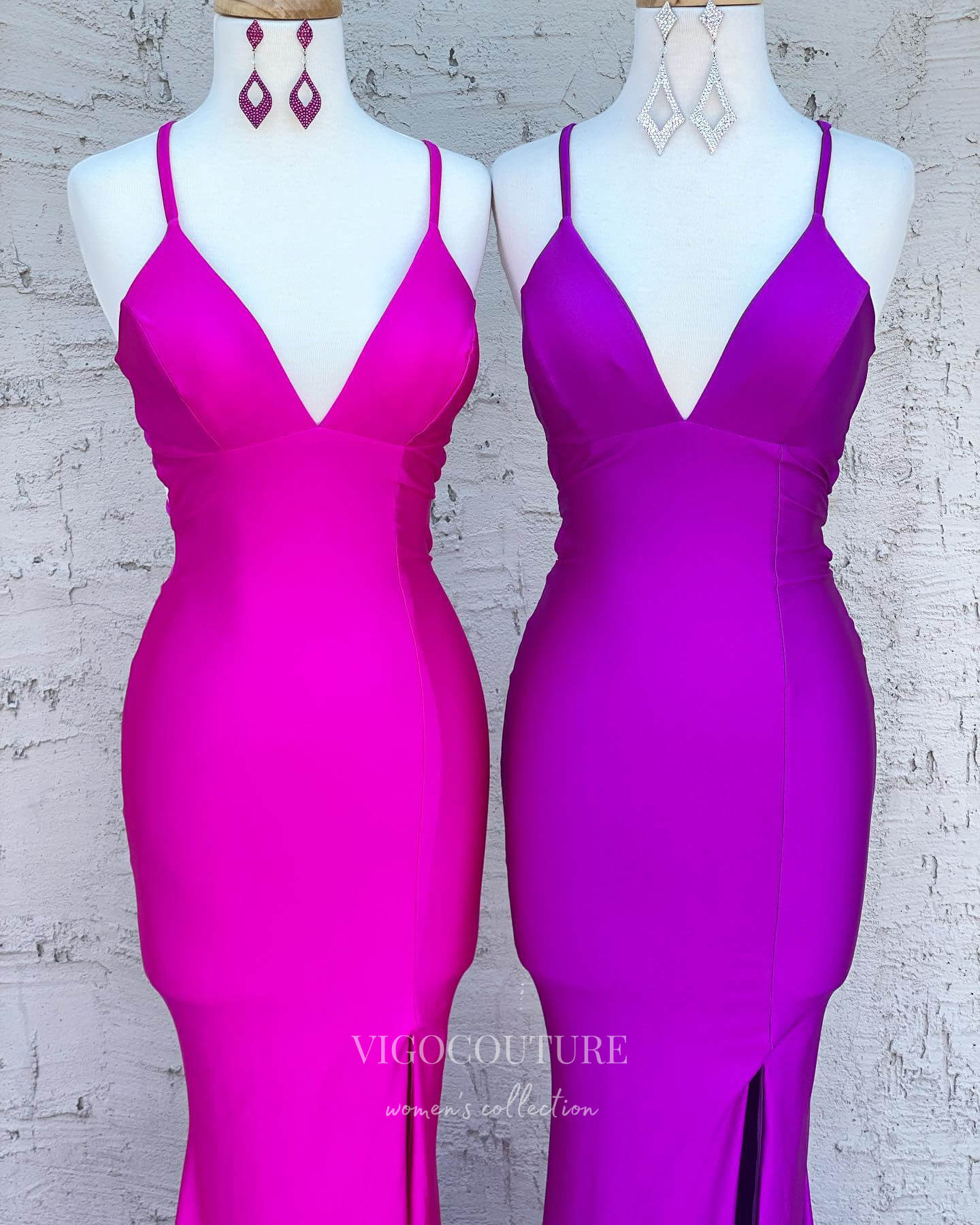 Prom Dress 2025 Fuchsia Satin Prom Dresses With Slit Mermaid V-Neck Evening Dress 21856-unique elegant Prom Dresses-Fuchsia-US2-vigocouture