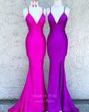 Fuchsia Satin Prom Dresses With Slit Mermaid V-Neck Evening Dress 21856