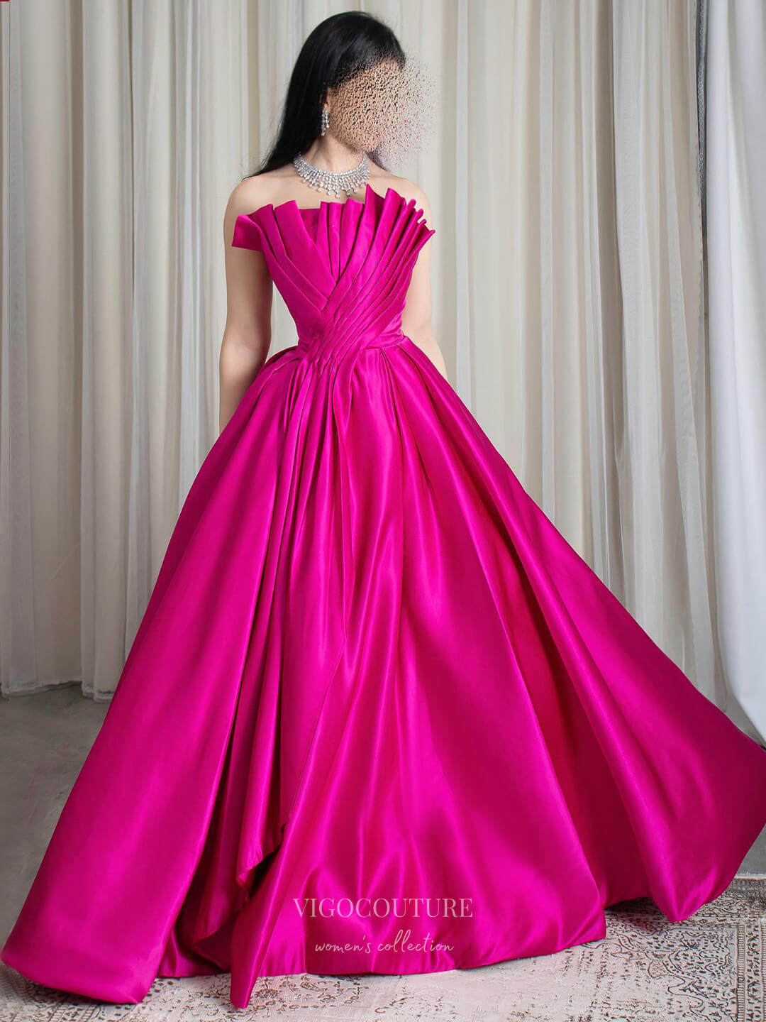 Fuchsia Satin Strapless Prom Dresses Pleated Crossed Bodice Formal Gown 24431 Custom Colors / 24W Fuchsia Satin Strapless Prom Dresses Pleated Crossed Bodice Formal Gown 24431 Custom Colors / 24W