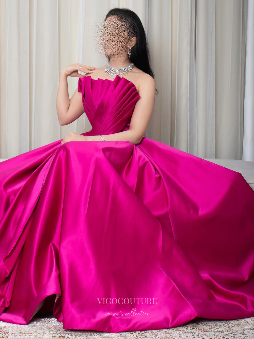 Prom Dress 2025 Fuchsia Satin Strapless Prom Dresses Pleated Crossed Bodice Formal Gown 24431-unique elegant Prom Dresses-Fuchsia-Custom Size-vigocouture