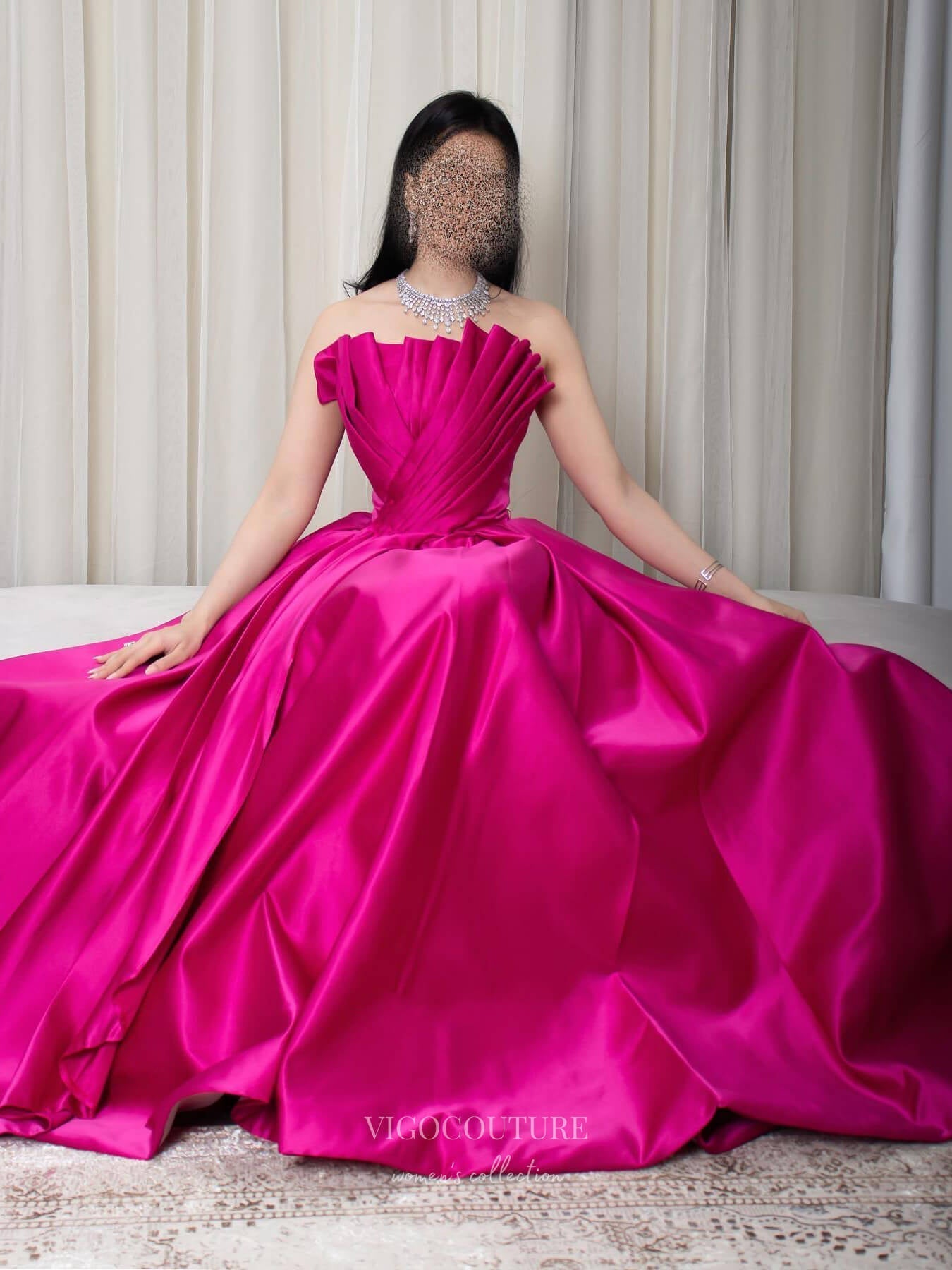 Prom Dress 2025 Fuchsia Satin Strapless Prom Dresses Pleated Crossed Bodice Formal Gown 24431-unique elegant Prom Dresses-Fuchsia-Custom Size-vigocouture