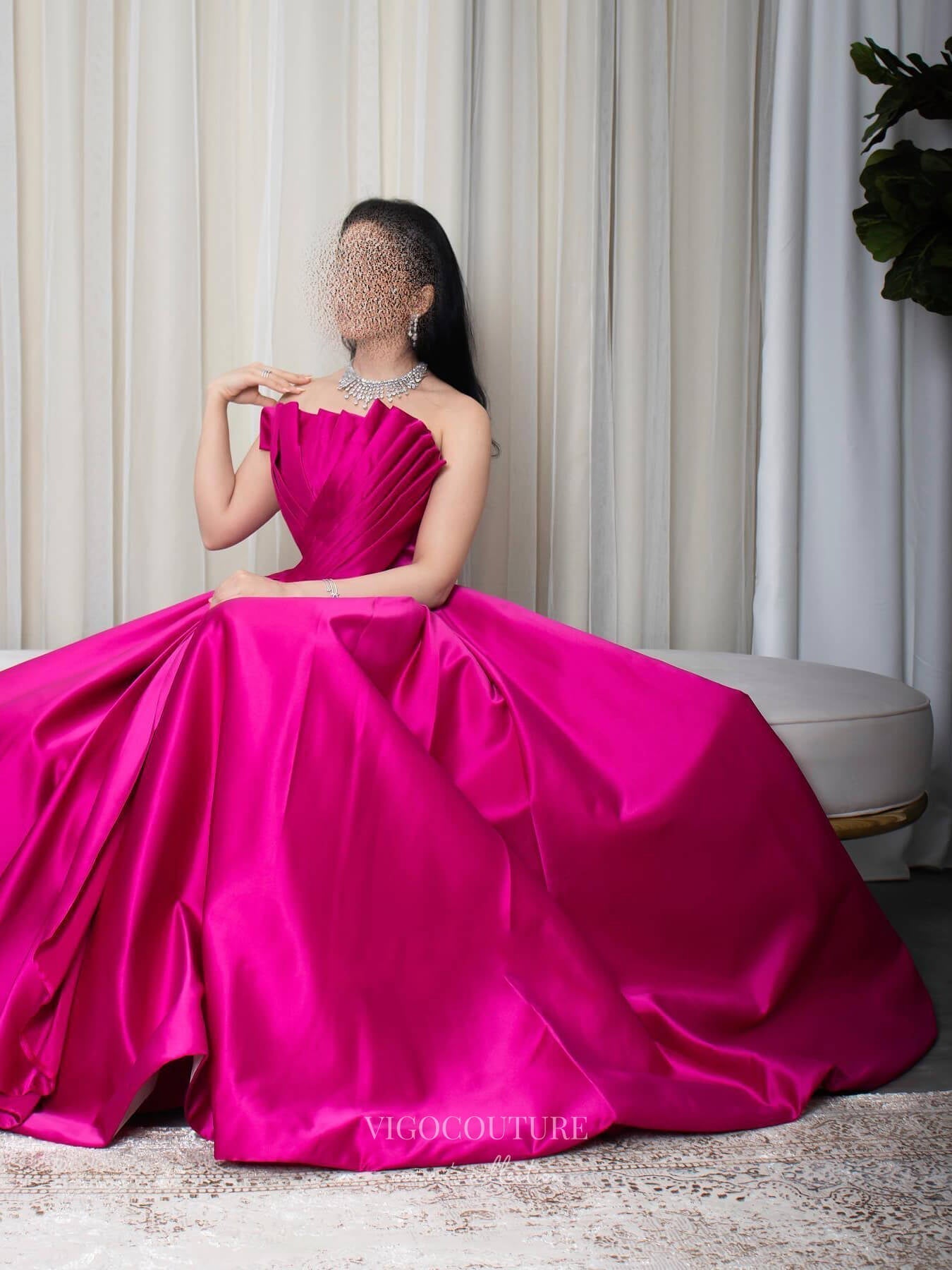 Prom Dress 2025 Fuchsia Satin Strapless Prom Dresses Pleated Crossed Bodice Formal Gown 24431-unique elegant Prom Dresses-Fuchsia-Custom Size-vigocouture