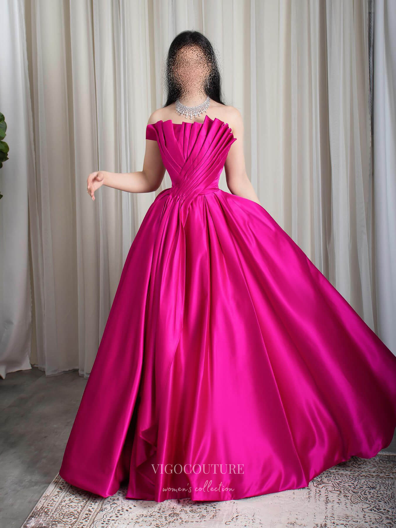 Prom Dress 2025 Fuchsia Satin Strapless Prom Dresses Pleated Crossed Bodice Formal Gown 24431-unique elegant Prom Dresses-Fuchsia-Custom Size-vigocouture