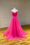 Fuchsia Spaghetti Strap Prom Dresses Pleated Tulle Evening Dress 21691