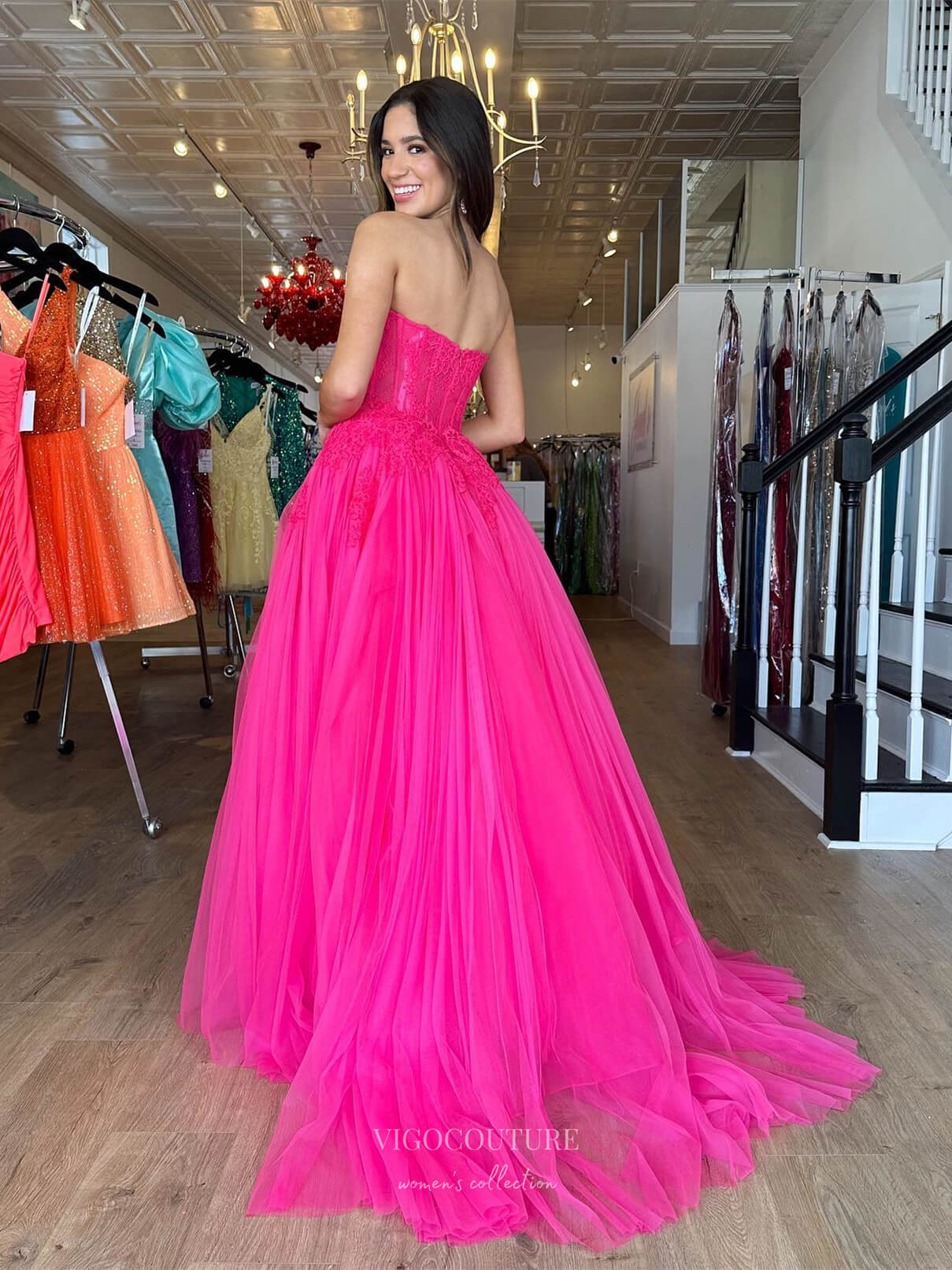 Prom Dress 2025 Fuchsia Strapless Prom Dresses Lace Applique Formal Dress 24026-unique elegant Prom Dresses-Fuchsia-Custom Size-vigocouture