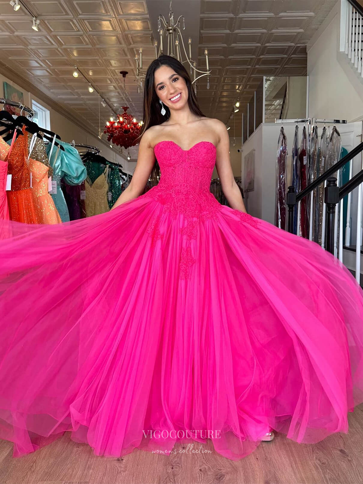 Prom Dress 2025 Fuchsia Strapless Prom Dresses Lace Applique Formal Dress 24026-unique elegant Prom Dresses-Fuchsia-Custom Size-vigocouture