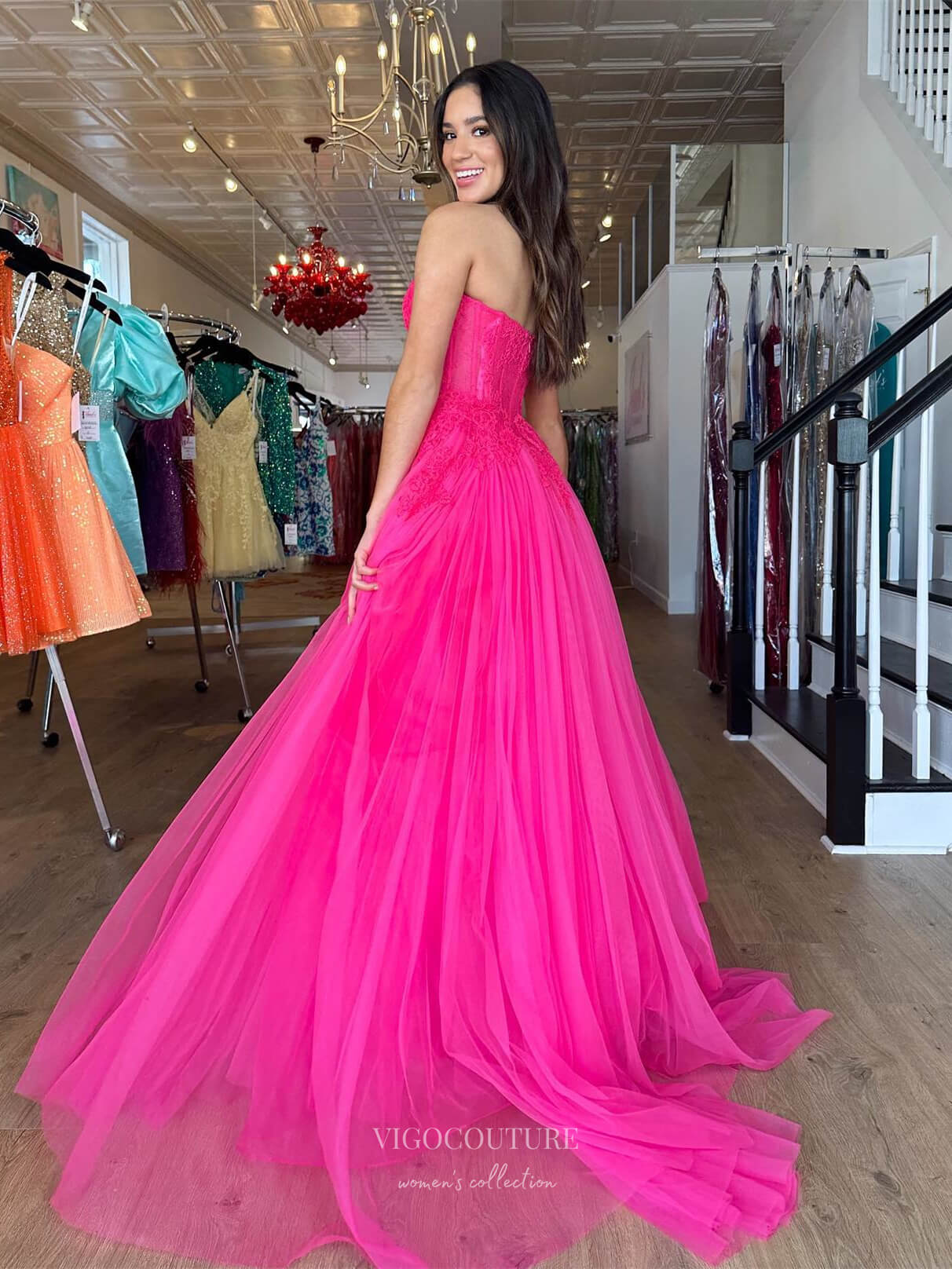 Prom Dress 2025 Fuchsia Strapless Prom Dresses Lace Applique Formal Dress 24026-unique elegant Prom Dresses-Fuchsia-Custom Size-vigocouture