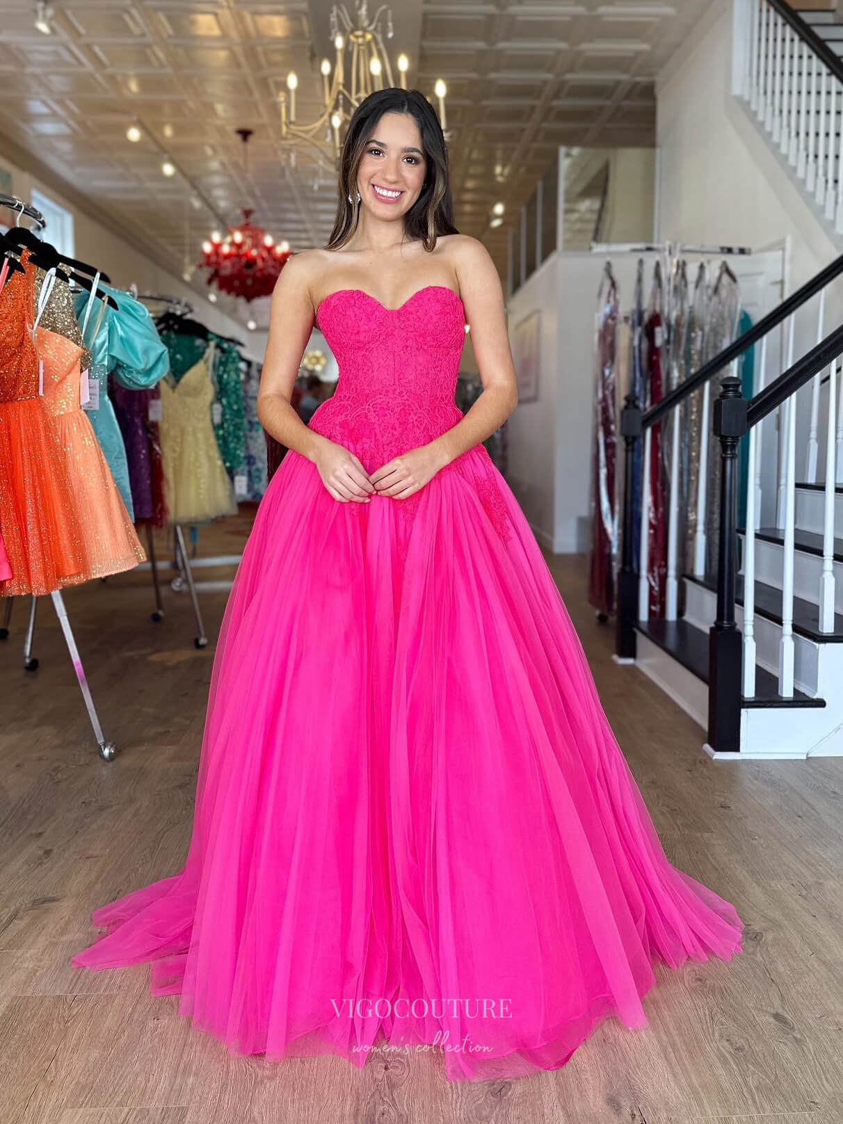 Lace Gown Cheap Fuchsia Dresses Sparkly V-neck Fuchsia Tulle Lace Long Prom Dresses With Beaded, Lace Gown Cheap Fuchsia Dresses Sparkly V-neck Fuchsia Tulle Lace Long Prom Dresses With Beaded,