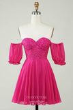 Fuchsia Sweetheart Puffed Sleeve Homecoming Dresses Off the Shoulder Back to School Dress hc415