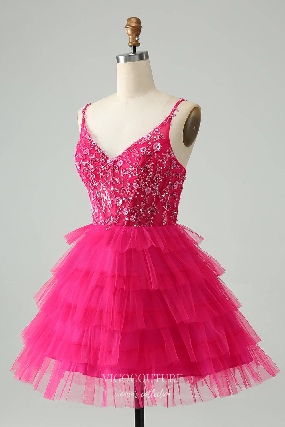 Fuchsia Tiered Spaghetti Strap Homecoming Dresses Beaded Lace Graduation Dress hc382 Custom Colors / US16 Fuchsia Tiered Spaghetti Strap Homecoming Dresses Beaded Lace Graduation Dress hc382 Custom Colors / US16