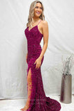 Prom Dress 2025 Fuchsia Velvet Sequin Mermaid Cheap Prom Dresses with Slit Spaghetti Strap 24242-unique elegant Prom Dresses-Fuchsia-Custom Size-vigocouture