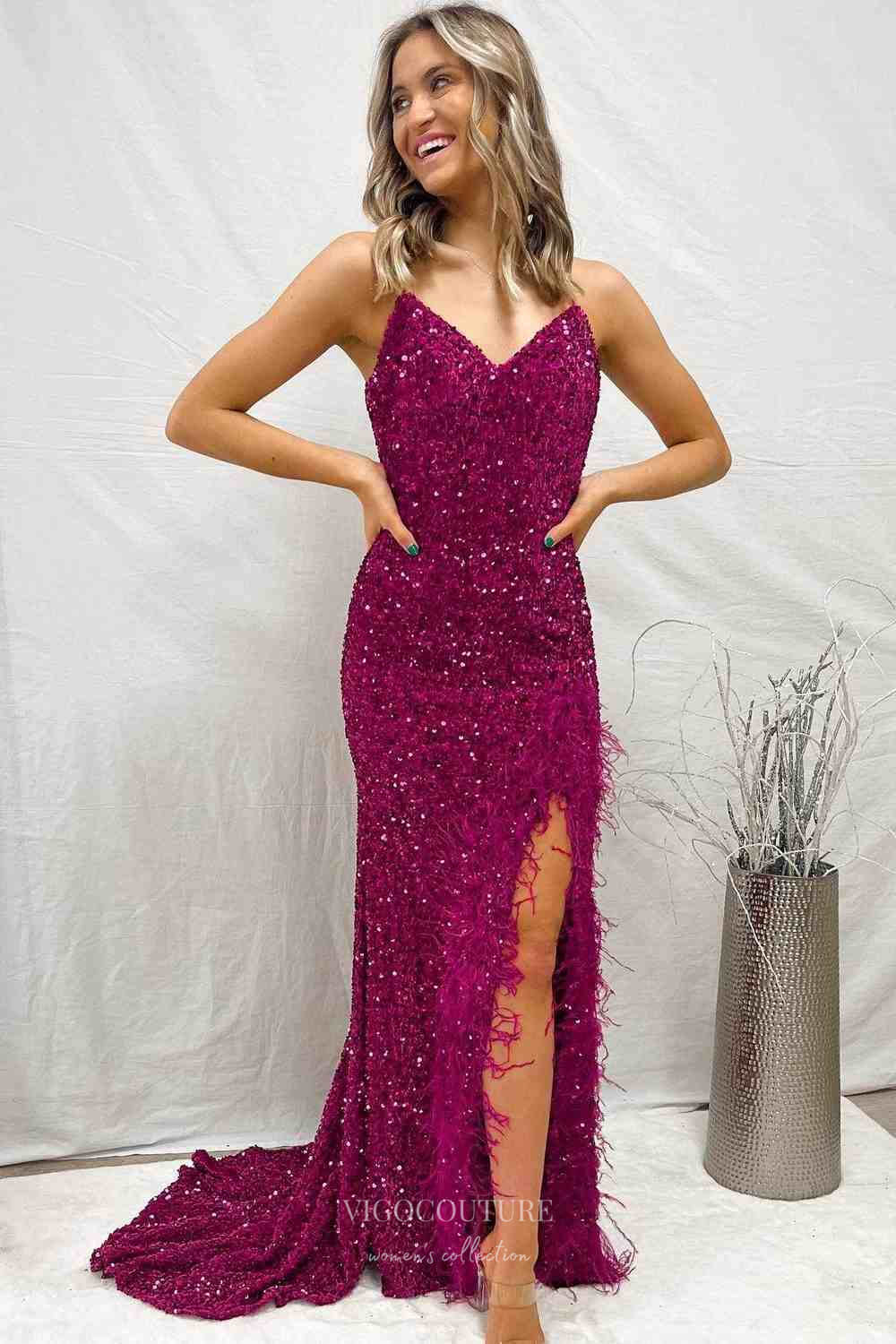 Fuchsia Velvet Sequin Mermaid Cheap Prom Dresses with Slit Spaghetti S vigocouture Fuchsia Velvet Sequin Mermaid Cheap Prom Dresses with Slit Spaghetti S vigocouture