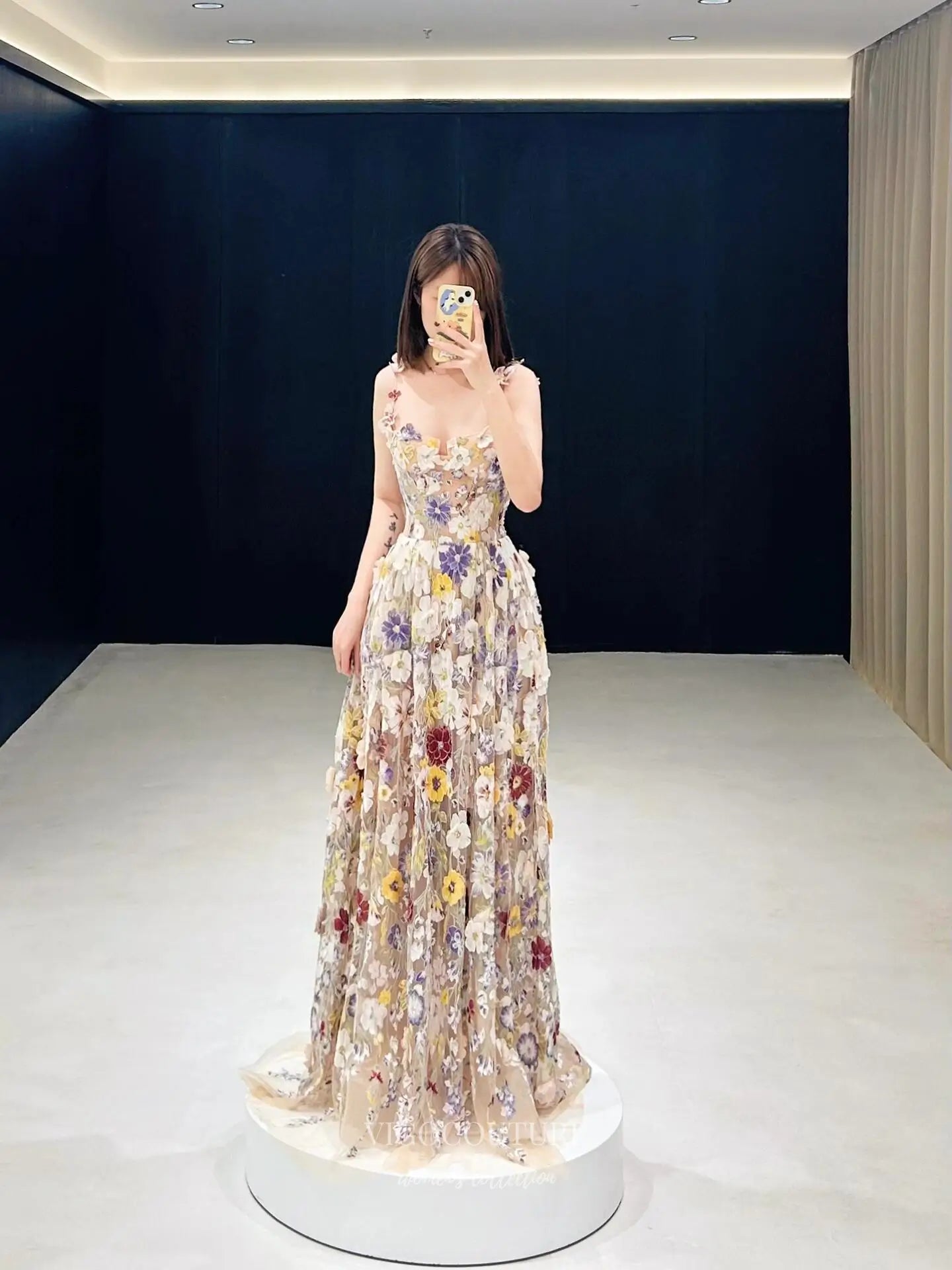 Prom Dresses 2025 to impress Garden-Inspired Floral Formal Dress with 3D Appliqué, Sheer Bodice and A-Line Skirt – F003-vigocouture-vigocouture