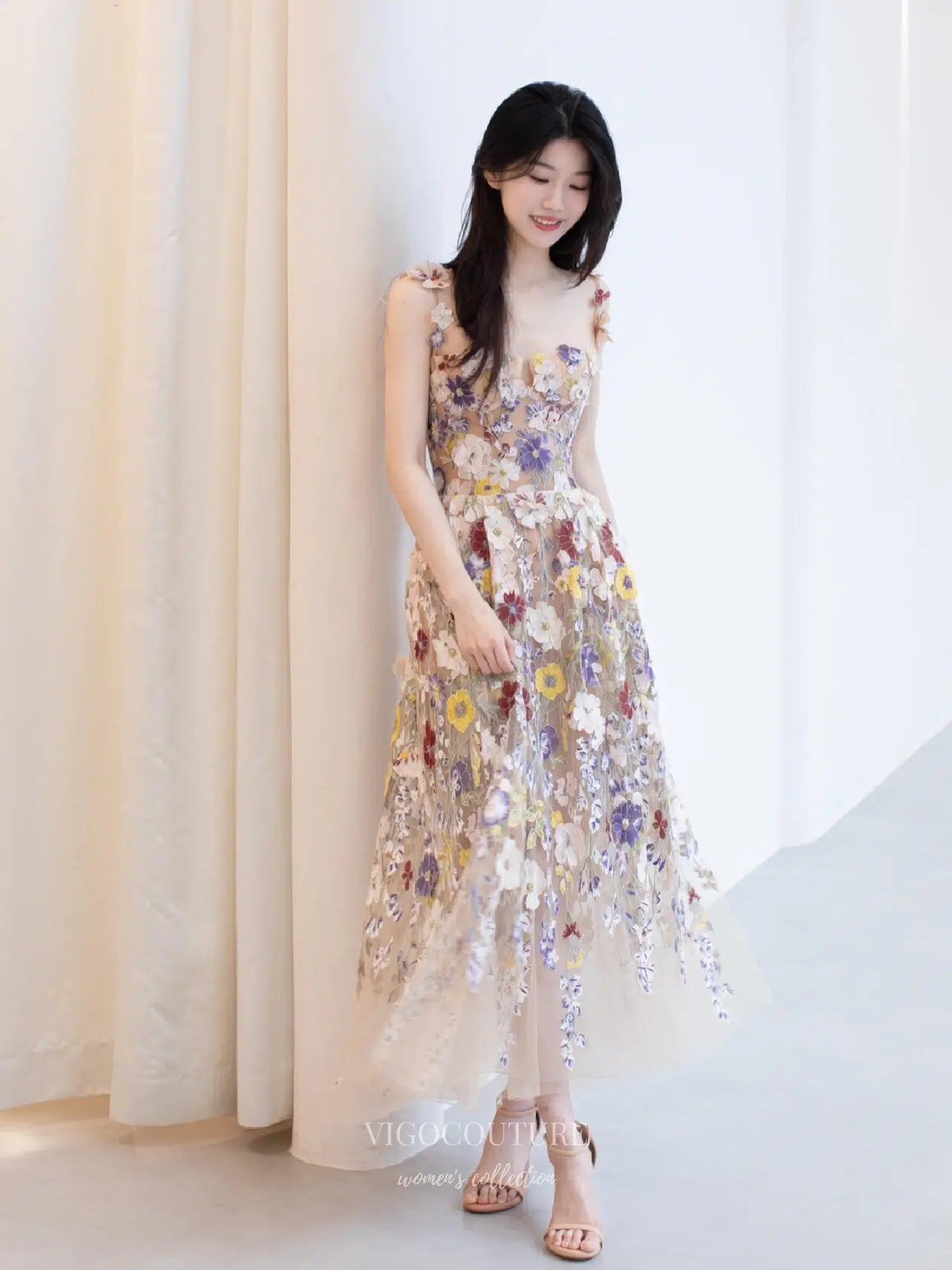 Prom Dresses 2025 to impress Garden-Inspired Floral Formal Dress with 3D Appliqué, Sheer Bodice and A-Line Skirt – F003-vigocouture-vigocouture