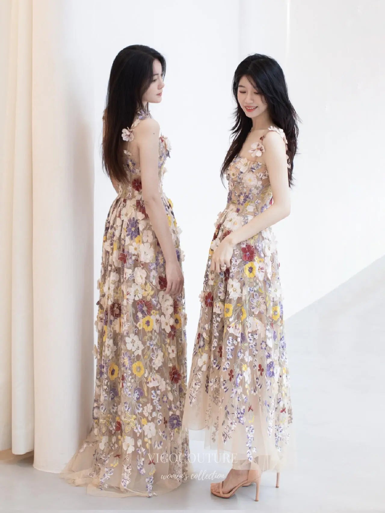 Prom Dresses 2025 to impress Garden-Inspired Floral Formal Dress with 3D Appliqué, Sheer Bodice and A-Line Skirt – F003-vigocouture-vigocouture