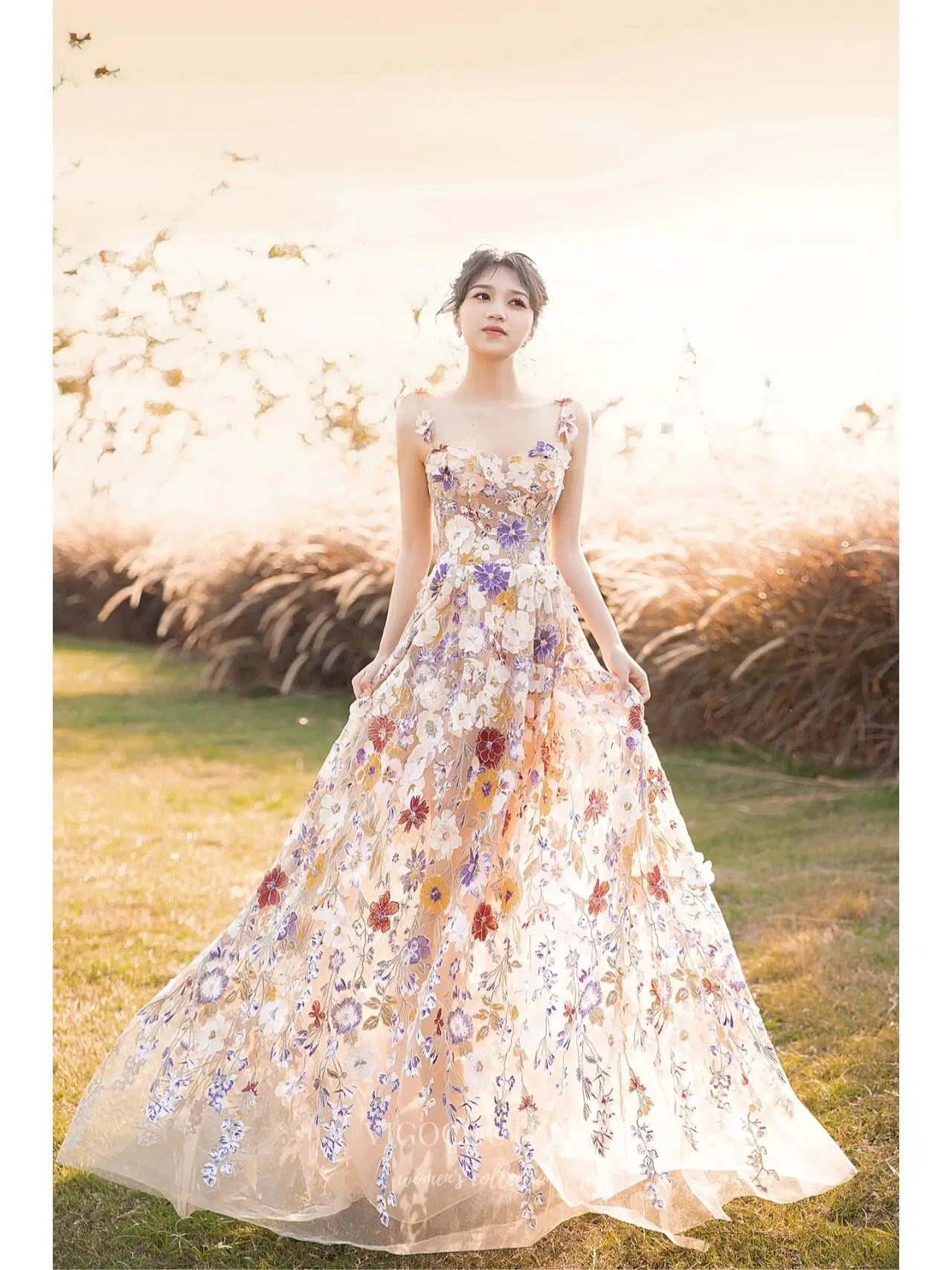 Prom Dresses 2025 to impress Garden-Inspired Floral Formal Dress with 3D Appliqué, Sheer Bodice and A-Line Skirt – F003-vigocouture-vigocouture