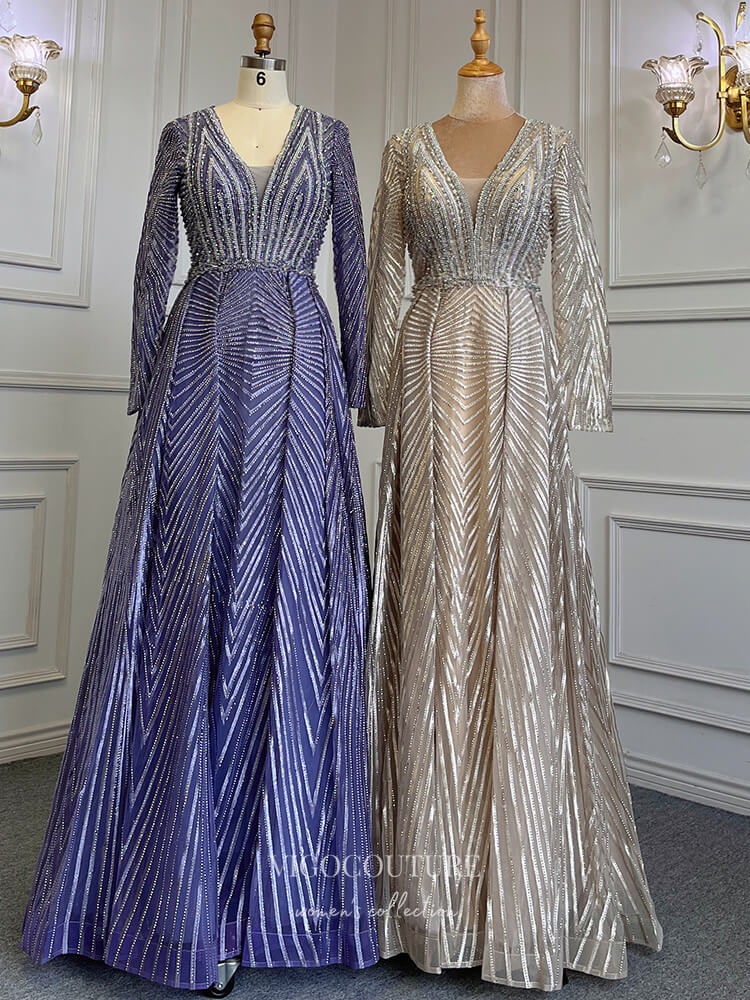 Prom Dress 2025 Geometric Lace Prom Dresses Long Sleeve Mother of the Bride Dresses 22069-unique elegant Prom Dresses-Blue-US2-vigocouture