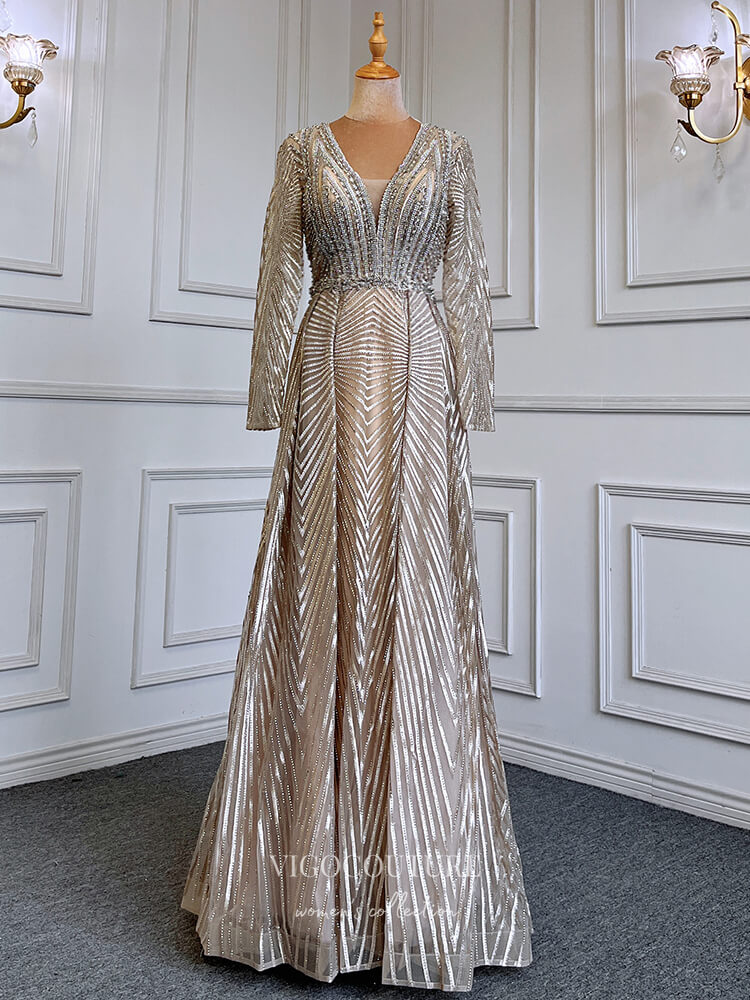 Prom Dress 2025 Geometric Lace Prom Dresses Long Sleeve Mother of the Bride Dresses 22069-unique elegant Prom Dresses-Taupe-US2-vigocouture