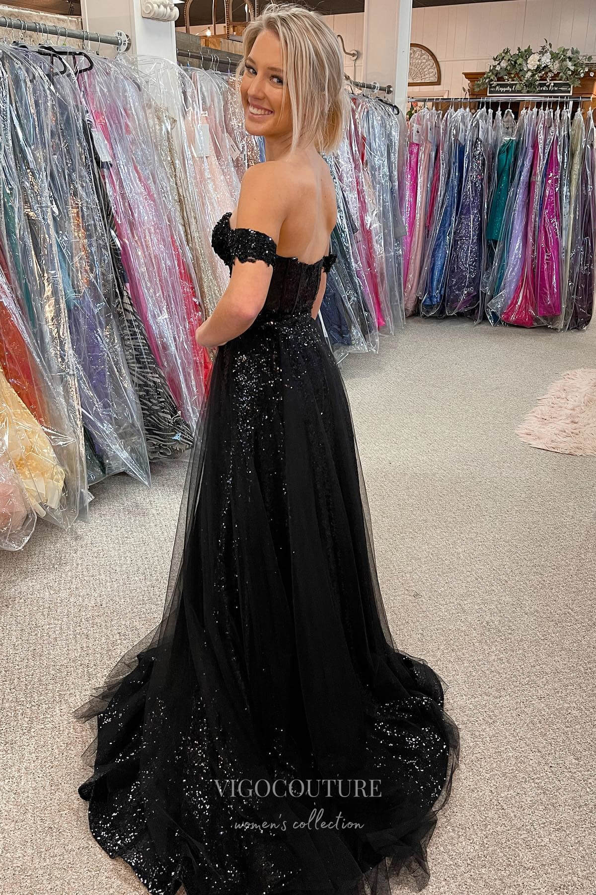 Sequin Dress Black Lace Off The Shoulder Prom Dress Elegant