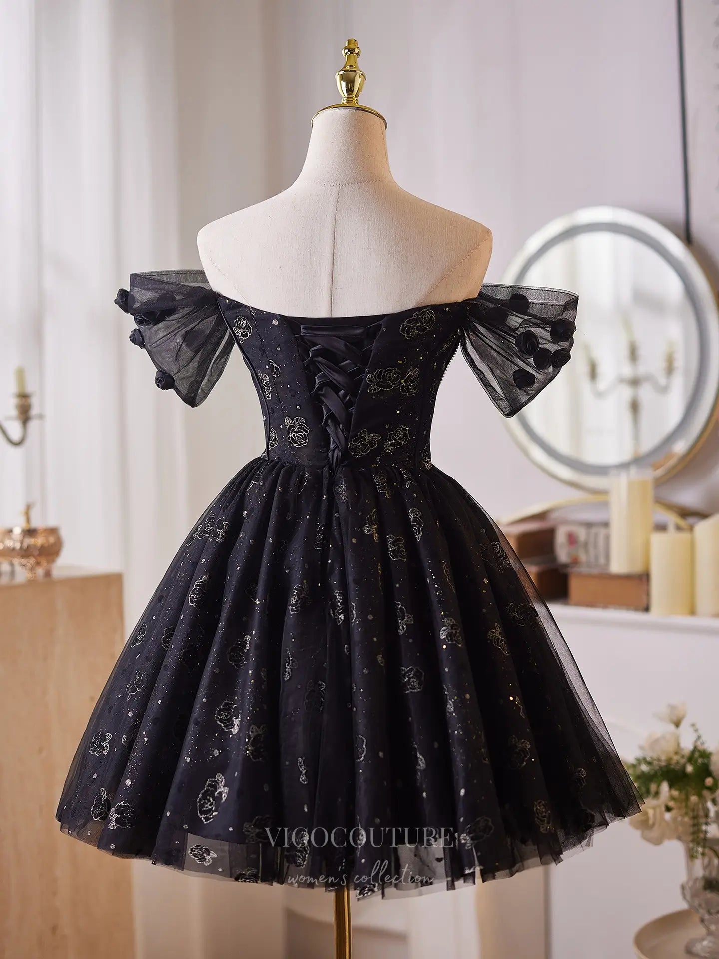 Prom Dresses 2025 to impress Glamorous Black Rhinestone Homecoming Dress with Off-Shoulder Sleeves & Sparkling Floral Tulle Skirt – 26010-vigocouture-vigocouture