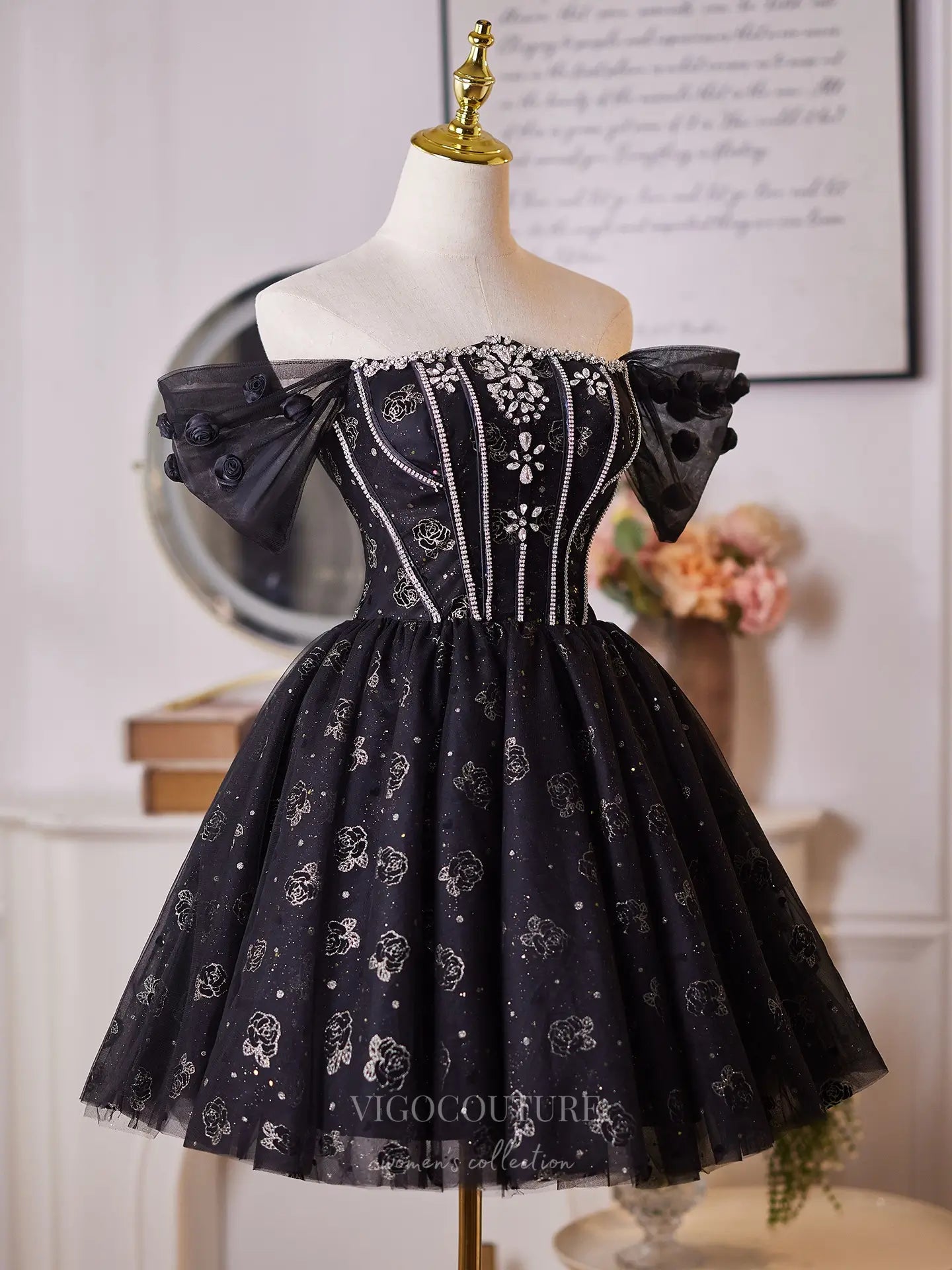 Prom Dresses 2025 to impress Glamorous Black Rhinestone Homecoming Dress with Off-Shoulder Sleeves & Sparkling Floral Tulle Skirt – 26010-vigocouture-vigocouture