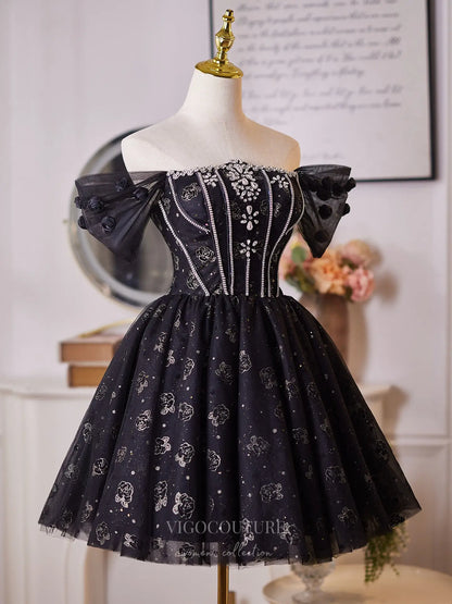 Prom Dresses 2025 to impress Glamorous Black Rhinestone Homecoming Dress with Off-Shoulder Sleeves & Sparkling Floral Tulle Skirt – 26010-vigocouture-vigocouture