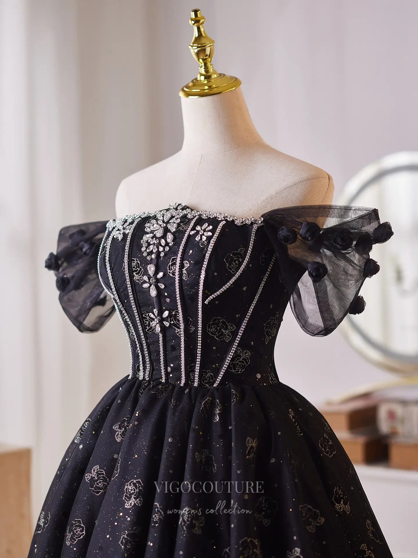 Prom Dresses 2025 to impress Glamorous Black Rhinestone Homecoming Dress with Off-Shoulder Sleeves & Sparkling Floral Tulle Skirt – 26010-vigocouture-vigocouture
