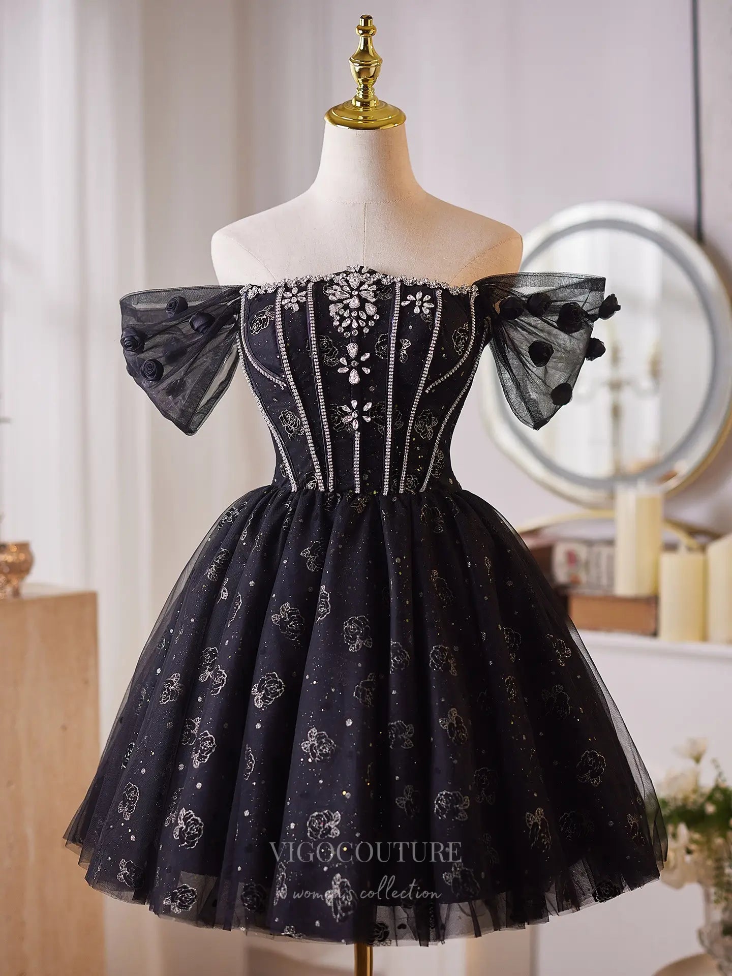 Glamorous Black Rhinestone Homecoming Dress with Off-Shoulder Sleeves & Sparkling Floral Tulle Skirt – 26010