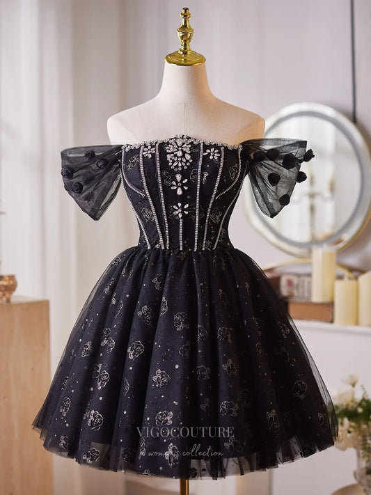 Glamorous Black Rhinestone Homecoming Dress with Off-Shoulder Sleeves & Sparkling Floral Tulle Skirt – 26010