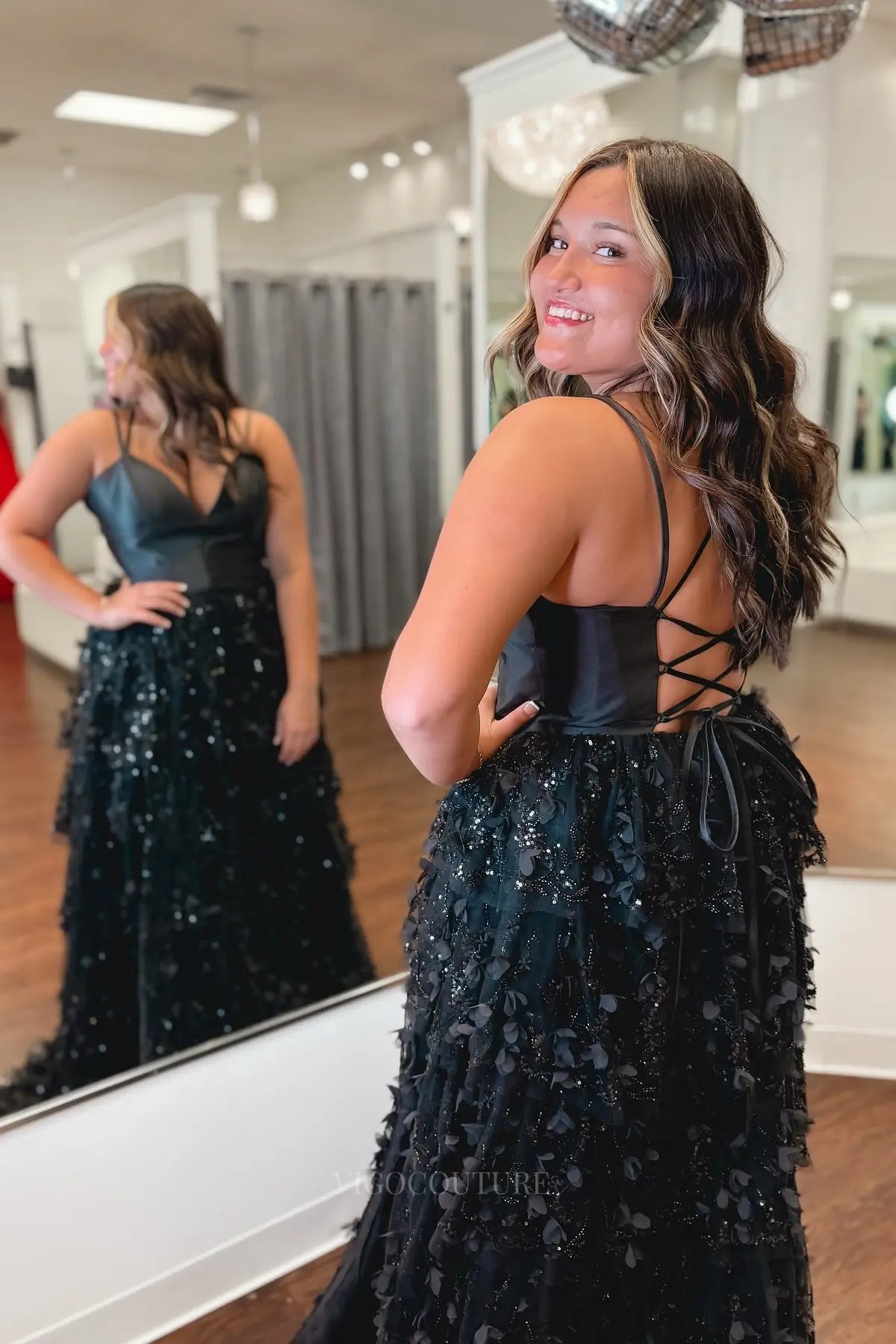 Prom Dresses 2025 to impress Glamorous Black Ruffle Prom Dress with Satin Bodice, 3D Floral Glitter Skirt and Lace-Up Back – 26164-vigocouture-vigocouture