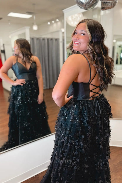 Prom Dresses 2025 to impress Glamorous Black Ruffle Prom Dress with Satin Bodice, 3D Floral Glitter Skirt and Lace-Up Back – 26164-vigocouture-vigocouture