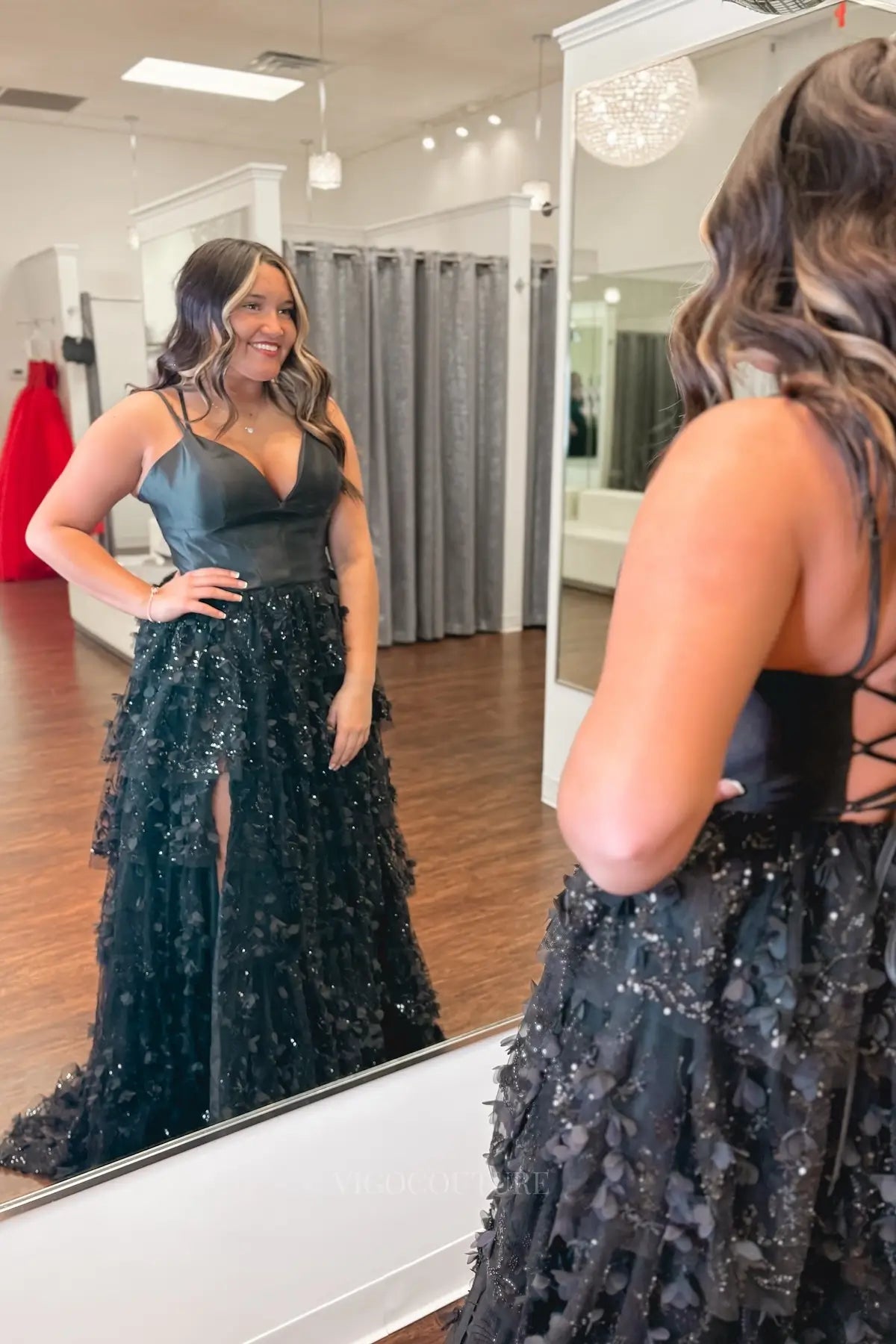 Prom Dresses 2025 to impress Glamorous Black Ruffle Prom Dress with Satin Bodice, 3D Floral Glitter Skirt and Lace-Up Back – 26164-vigocouture-vigocouture
