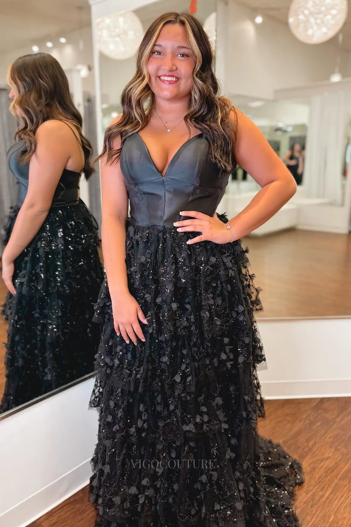 Prom Dresses 2025 to impress Glamorous Black Ruffle Prom Dress with Satin Bodice, 3D Floral Glitter Skirt and Lace-Up Back – 26164-vigocouture-vigocouture