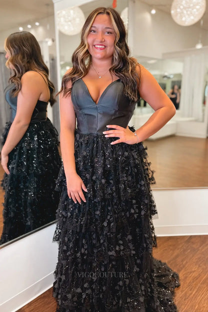 Prom Dresses 2025 to impress Glamorous Black Ruffle Prom Dress with Satin Bodice, 3D Floral Glitter Skirt and Lace-Up Back – 26164-vigocouture-vigocouture