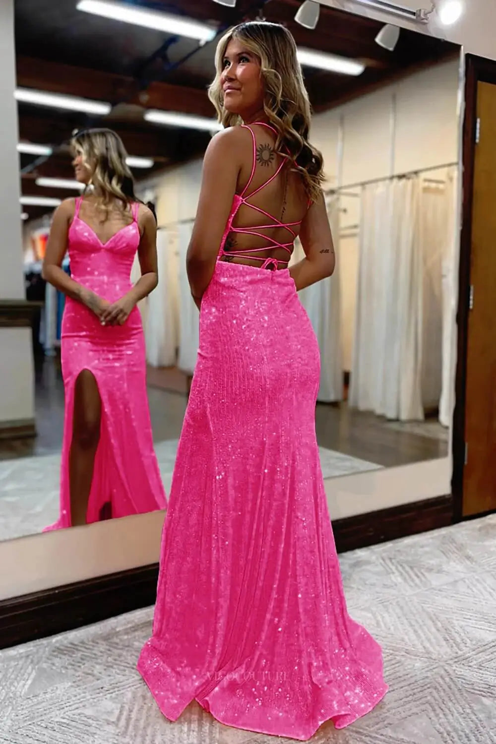 Prom Dresses 2025 to impress Glamorous Glitter Mermaid Prom Dress with Lace-Up Back, Spaghetti Straps & High Slit – 26100-vigocouture-vigocouture