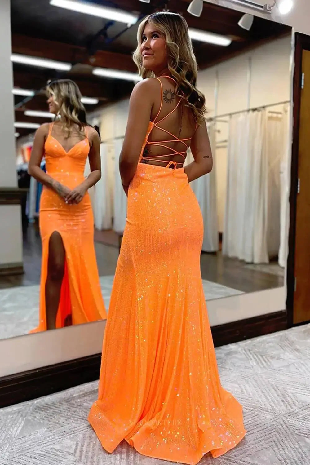 Prom Dresses 2025 to impress Glamorous Glitter Mermaid Prom Dress with Lace-Up Back, Spaghetti Straps & High Slit – 26100-vigocouture-vigocouture