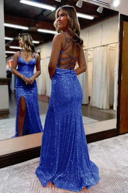 Prom Dresses 2025 to impress Glamorous Glitter Mermaid Prom Dress with Lace-Up Back, Spaghetti Straps & High Slit – 26100-vigocouture-vigocouture