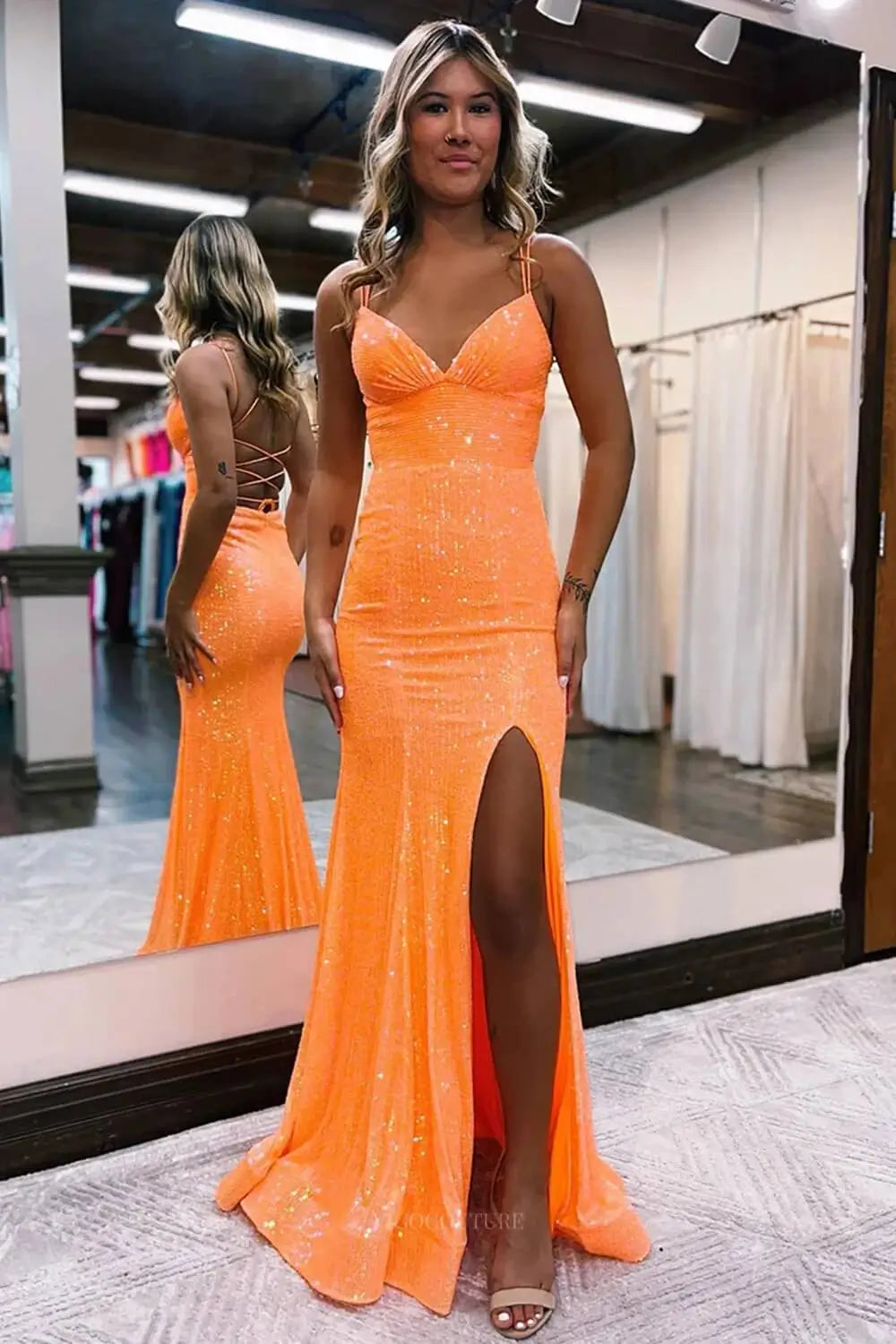 Prom Dresses 2025 to impress Glamorous Glitter Mermaid Prom Dress with Lace-Up Back, Spaghetti Straps & High Slit – 26100-vigocouture-Orange-US 0-vigocouture