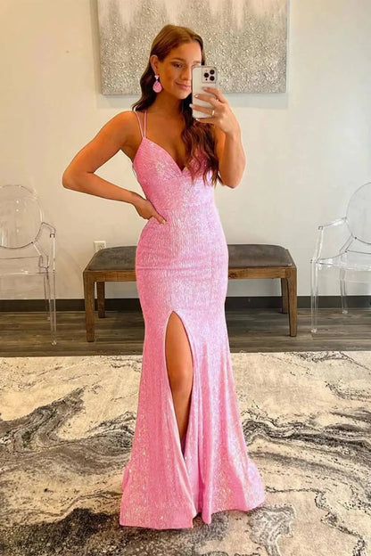 Prom Dresses 2025 to impress Glamorous Glitter Mermaid Prom Dress with Lace-Up Back, Spaghetti Straps & High Slit – 26100-vigocouture-Pink-US 0-vigocouture