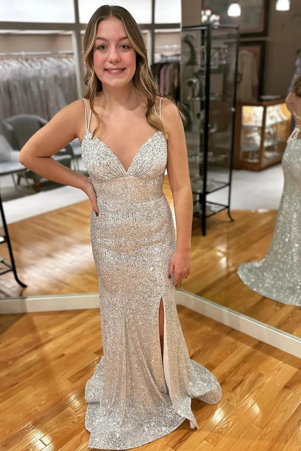 Prom Dresses 2025 to impress Glamorous Glitter Mermaid Prom Dress with Lace-Up Back, Spaghetti Straps & High Slit – 26100-vigocouture-Silver-US 0-vigocouture