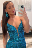 Prom Dress 2025 Glamorous Mermaid Sequin Prom Dress: A Daring Plunging V-Neck and Flirtatious High Slit 22230-unique elegant Prom Dresses-Blue-Custom Size-vigocouture