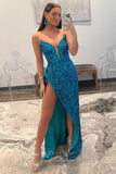 Prom Dress 2025 Glamorous Mermaid Sequin Prom Dress: A Daring Plunging V-Neck and Flirtatious High Slit 22230-unique elegant Prom Dresses-Blue-Custom Size-vigocouture