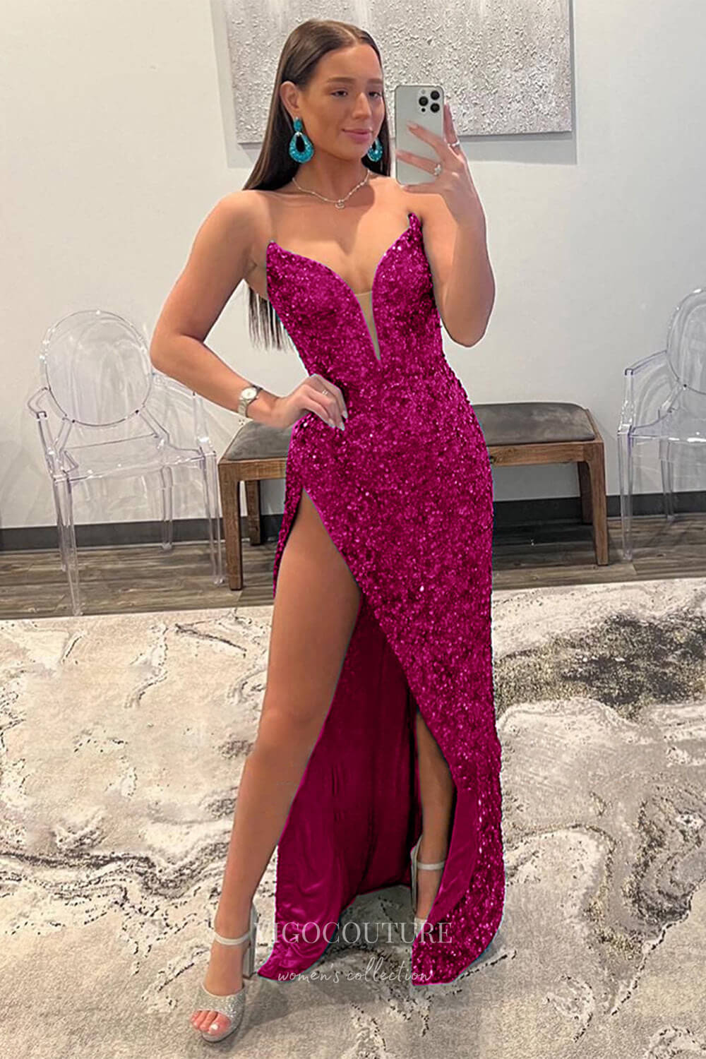 Prom Dress 2025 Glamorous Mermaid Sequin Prom Dress: A Daring Plunging V-Neck and Flirtatious High Slit 22230-unique elegant Prom Dresses-Magenta-Custom Size-vigocouture