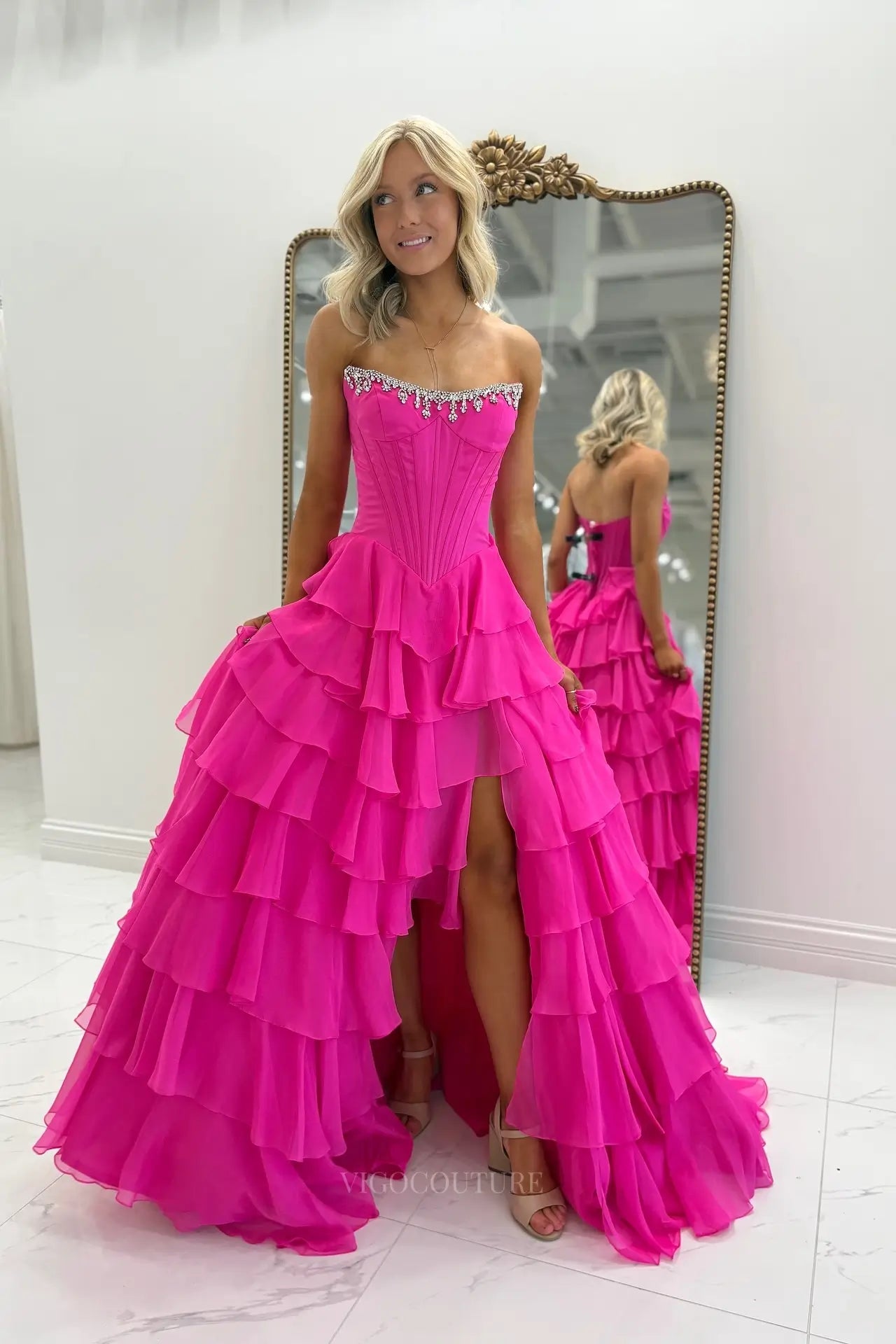 Prom Dresses 2025 to impress Glamorous Tiered Ruffle Prom Dress with Beaded Strapless Corset and High Slit – 26159-vigocouture-Fuchsia-US 0-vigocouture