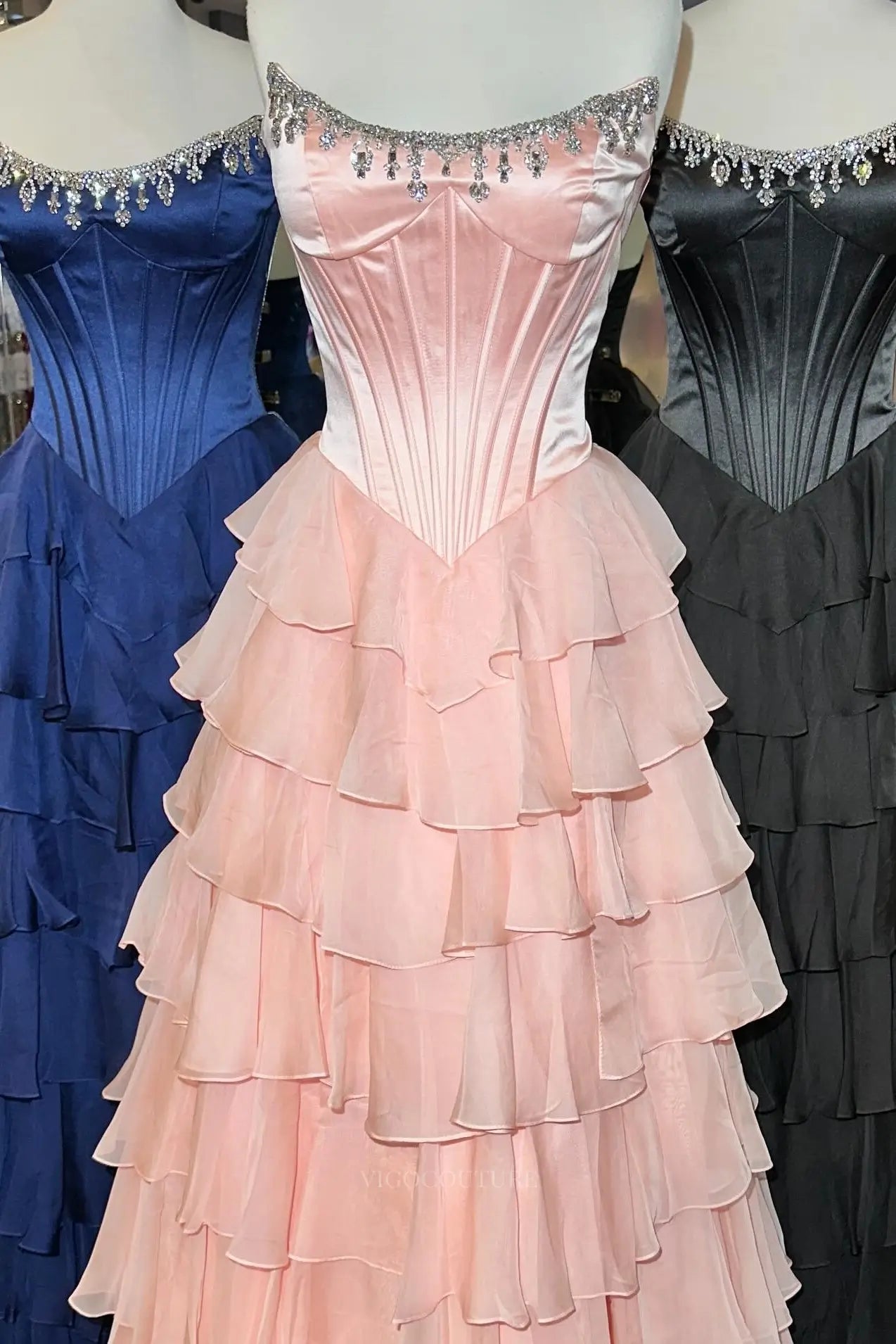 Prom Dresses 2025 to impress Glamorous Tiered Ruffle Prom Dress with Beaded Strapless Corset and High Slit – 26159-vigocouture-vigocouture